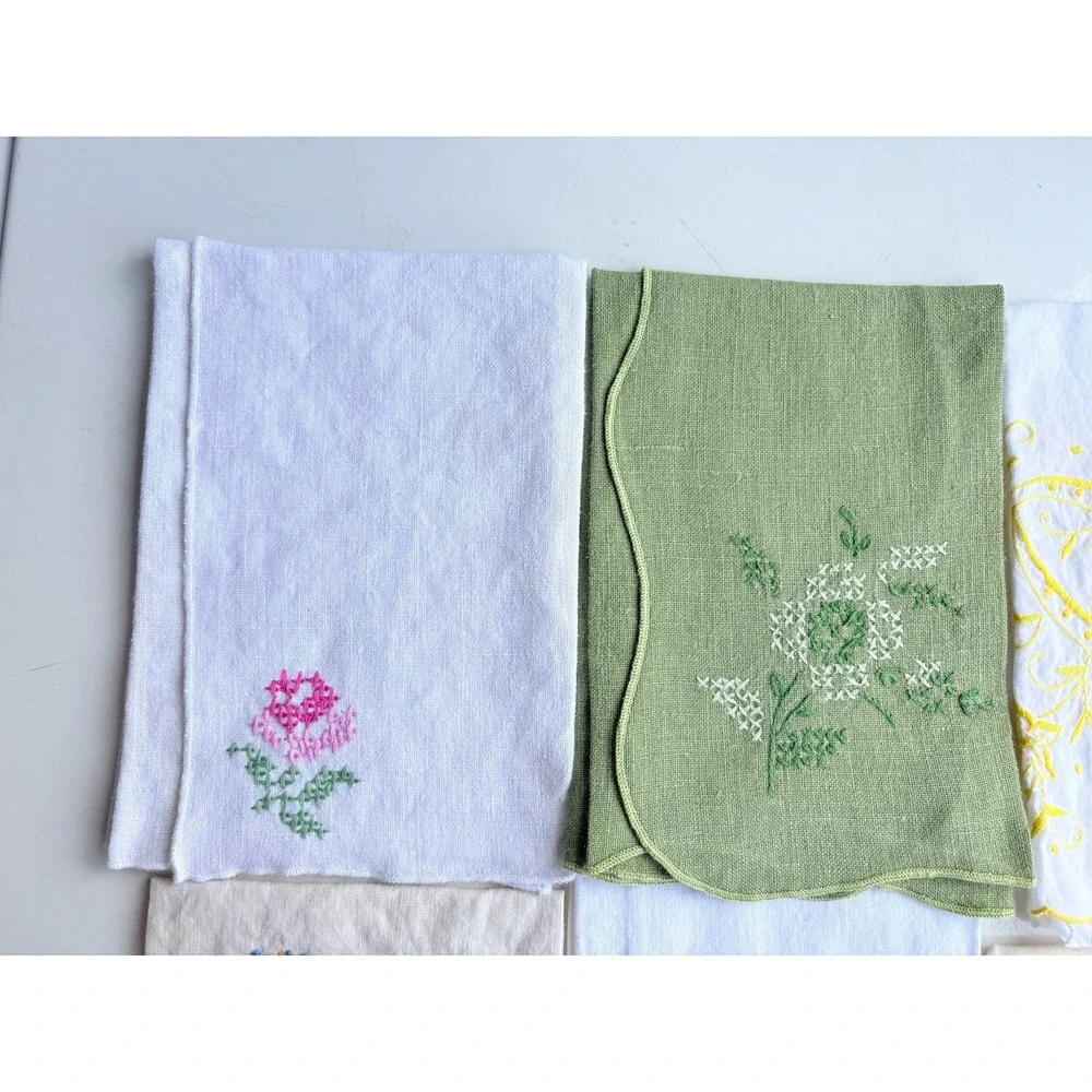 Vintage Hand Embroidered Tea Guest Towel Lot 12pc Floral Cat Scalloped Linen L2